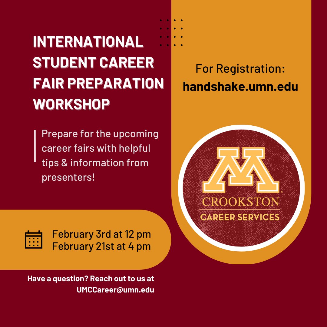 CareerUmc's tweet photo. The International Student Career Fair Preparation sessions will feature helpful tips and information for all UMN international students who are attending spring career fairs!

#MisforCareer #UMNCrookston #CareerDevelopment @UMNCrookston @joinHandshake https://t.co/mheBXY0GRb