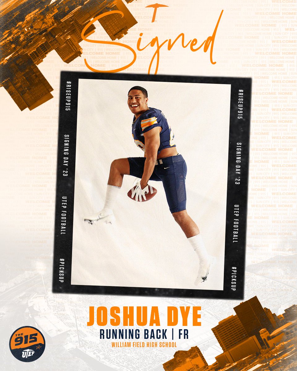 𝗪𝗘𝗟𝗖𝗢𝗠𝗘 𝗧𝗢 𝗧𝗛𝗘 𝟵𝟭𝟱, @joshua_dye28 ⛏ 🔸 Rushed for 1,499 yards on 260 attempts (5.8 avg.) and 17 rushing TDs in 24-career games at William Field High School 🔸 gained a career-high 150 yards on 30 carries (5.0 avg.) and a TD against Higley #RiseUp915 🏈