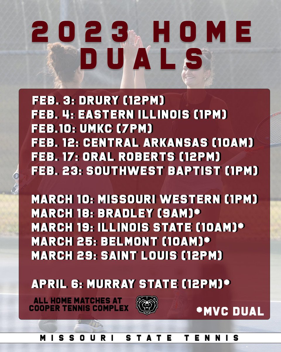 MoStateTennis's tweet photo. 𝙃𝙤𝙢𝙚 𝙎𝙬𝙚𝙚𝙩 𝙃𝙤𝙢𝙚 🏠🎾

The Bears return to Cooper Tennis Complex in just two days! Full home dual slate 👇

#GoBears https://t.co/I6I3HhcelX