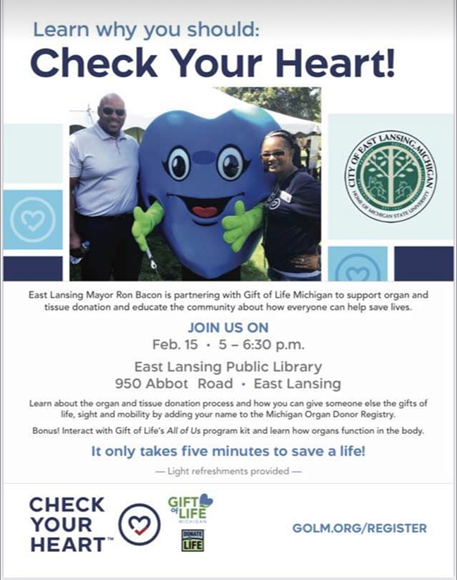 CityofEL's tweet photo. #EastLansing Mayor Ron Bacon is partnering with @GiftofLifeMich to host an event @elplibrary on Wednesday, Feb. 15 from 5-6:30 p.m. The event will serve to support organ &amp; tissue donation and educate the community about how everyone can help save lives. https://t.co/GwSQoEFjhv https://t.co/PZoa45tntQ