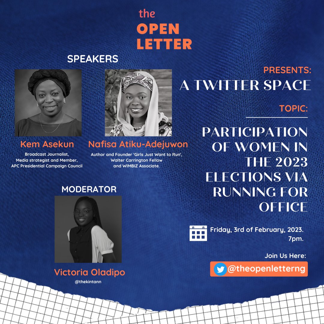I will be moderating <a href="/theopenletterng/">The Open Letter</a> space on Friday. Join me, <a href="/AtikuNafisa/">Nafisa Atiku- Inspiring Young Women in Africa</a> and <a href="/KemPatriot/">Lady K</a> as we discuss women's participation in the forthcoming elections. 

Set your reminders ❤️