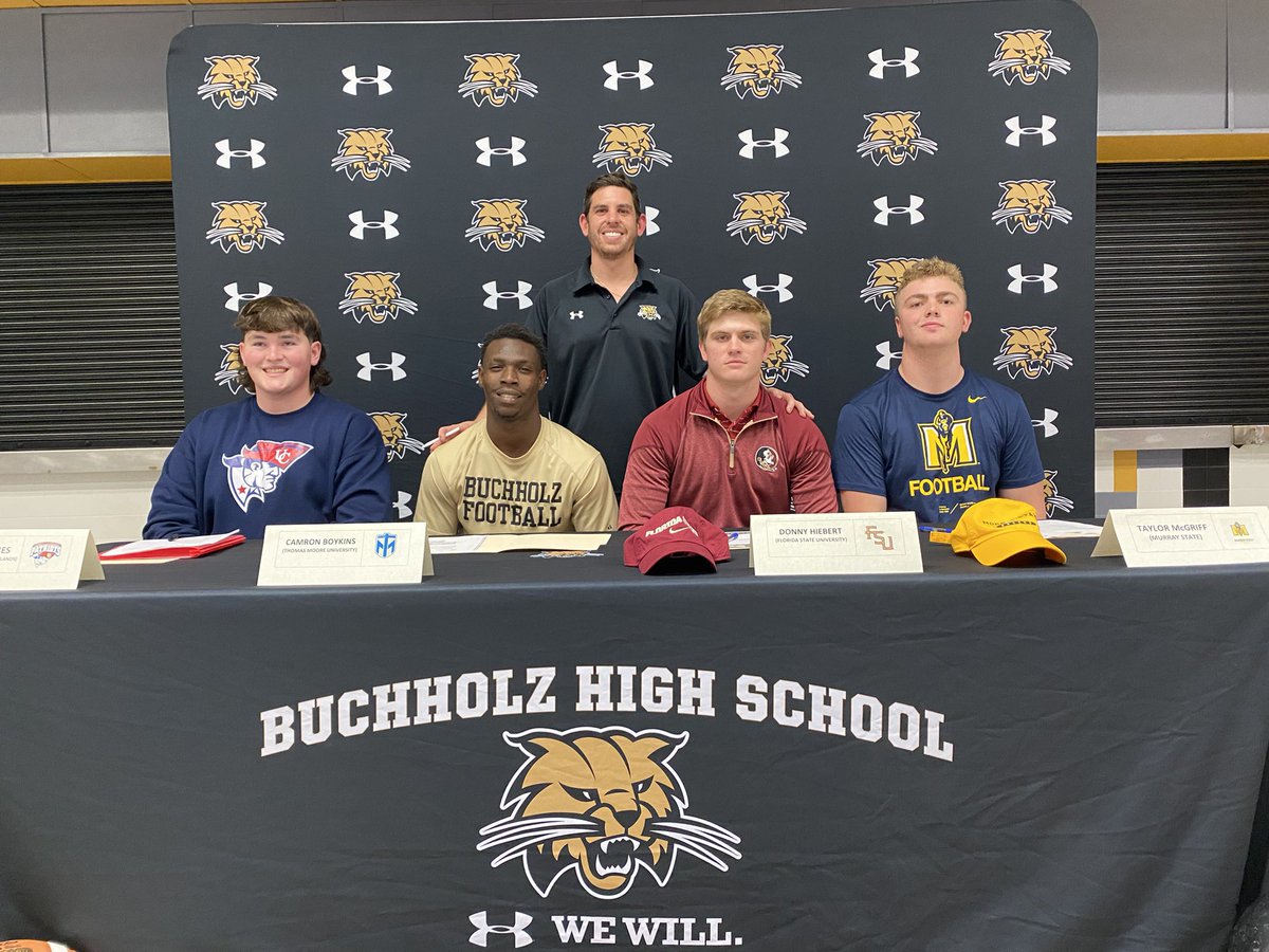 Four more! @BuchholzFB sends another quartet to the next level. @JoshuaBradyBar1 ➡️ @UCPatriotFball @camronboykins17 ➡️ @STMCT_Football @donny_hiebert ➡️ @FSUFootball @TayMcGriff ➡️ @racersfootball