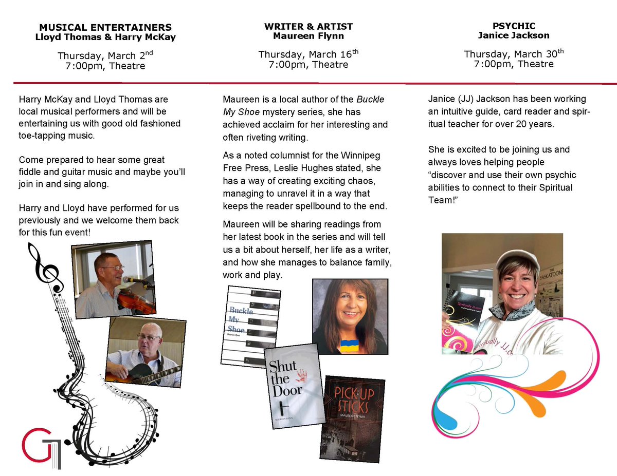 Here is our March line-up! 
Join us on Thursday Nights at 7pm in the Theatre and meet some really interesting speakers/entertainers. Call (204) 482-3522 or email library@gfrl.org for more info.