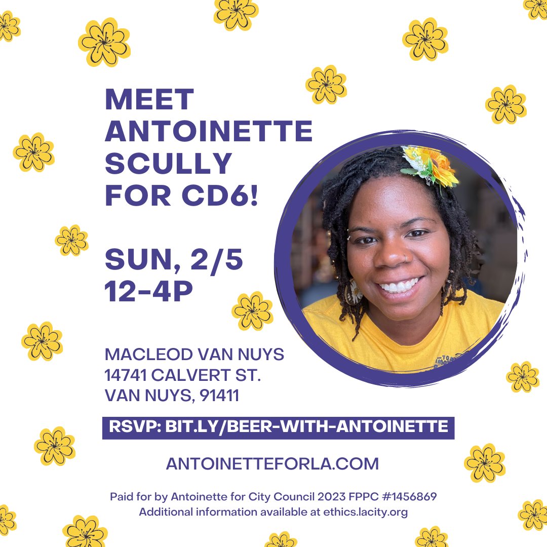 Antoinette Scully (@antoinetteforla) on Twitter photo We should meet! Come share what YOU want to see in #CD6 with me at <a href="/MacLeodAle/">MacLeod Ale Brewing</a> Van Nuys this Sunday 2/5 🍻
RSVP: bit.ly/beer-with-anto… We should meet! Come share what YOU want to see in #CD6 with me at <a href="/MacLeodAle/">MacLeod Ale Brewing</a> Van Nuys this Sunday 2/5 🍻
RSVP: bit.ly/beer-with-anto…
