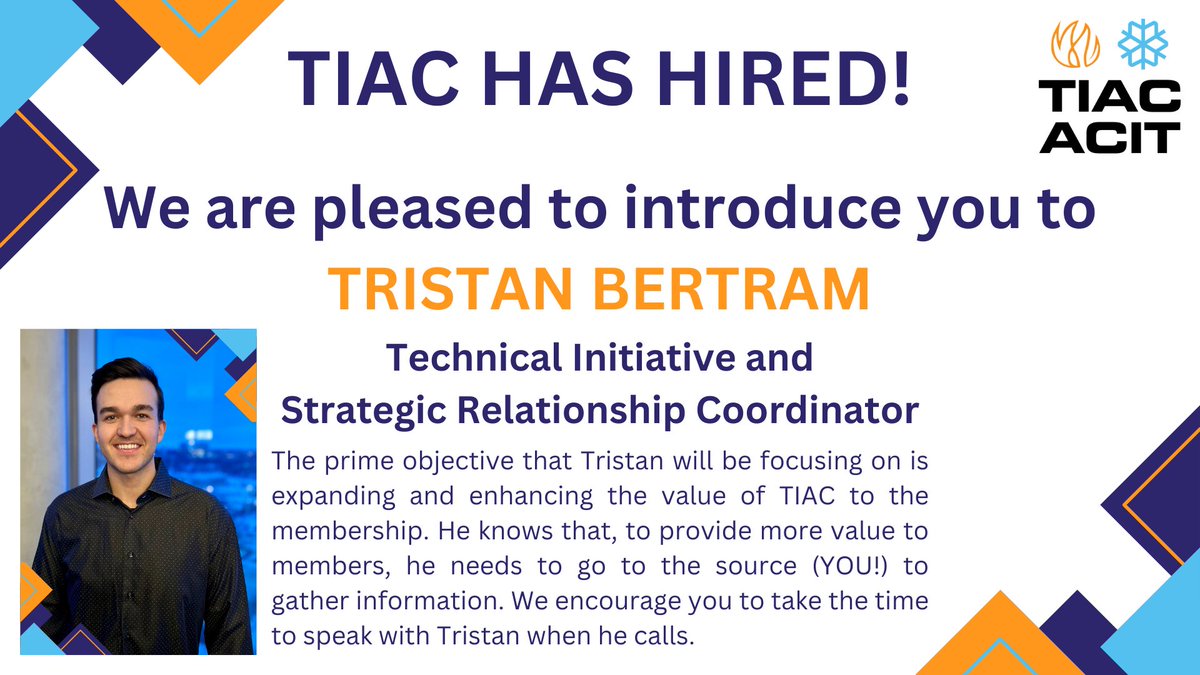 TIAC_ACIT's tweet photo. It is our great pleasure to announce that your Board has hired Tristan Bertram as the Technical Initiative and Strategic Relationship Coordinator! We are excited for what will come!

Welcome Tristan!

#newhirespotlight #insulation #membershipmatters #valueadd https://t.co/nGWmdobCXm