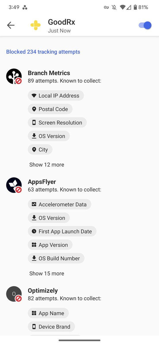 Peter Dolanjski (@pdolanjski) on Twitter photo <a href="/thomasgermain/">Thomas Germain</a> <a href="/ConsumerReports/">Consumer Reports</a> And yet the GoodRx Android app is currently blasting hundreds of tracking requests to Branch Metrics, AppsFlyer and more after searching for a few prescription drugs. (Stopped by <a href="/DuckDuckGo/">DuckDuckGo</a> App Tracking Protection) <a href="/thomasgermain/">Thomas Germain</a> <a href="/ConsumerReports/">Consumer Reports</a> And yet the GoodRx Android app is currently blasting hundreds of tracking requests to Branch Metrics, AppsFlyer and more after searching for a few prescription drugs. (Stopped by <a href="/DuckDuckGo/">DuckDuckGo</a> App Tracking Protection)