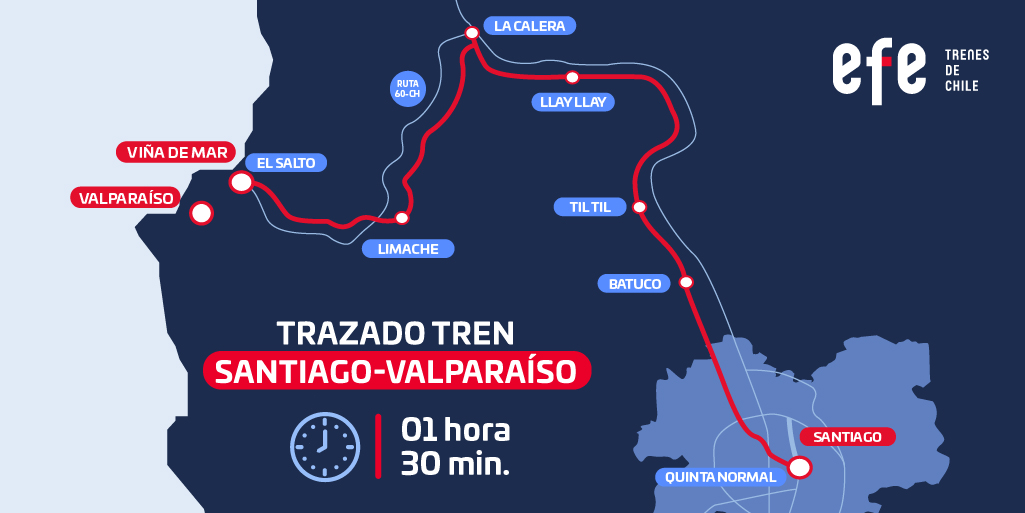 EFETrenesChile's tweet photo. ¡Este será el trazado para el futuro tren 🚄 Santiago Valparaíso 👏!

✅ Iniciará en la Estación El Salto (Viña del Mar), pasando por Limache, La Calera, Llay Llay, Til Til, Batuco y llegando a Quinta Normal.
✅ El viaje será de 1 hora y 30 minutos.

#TrenesParaChile 🚉 https://t.co/BRNKuThR3A
