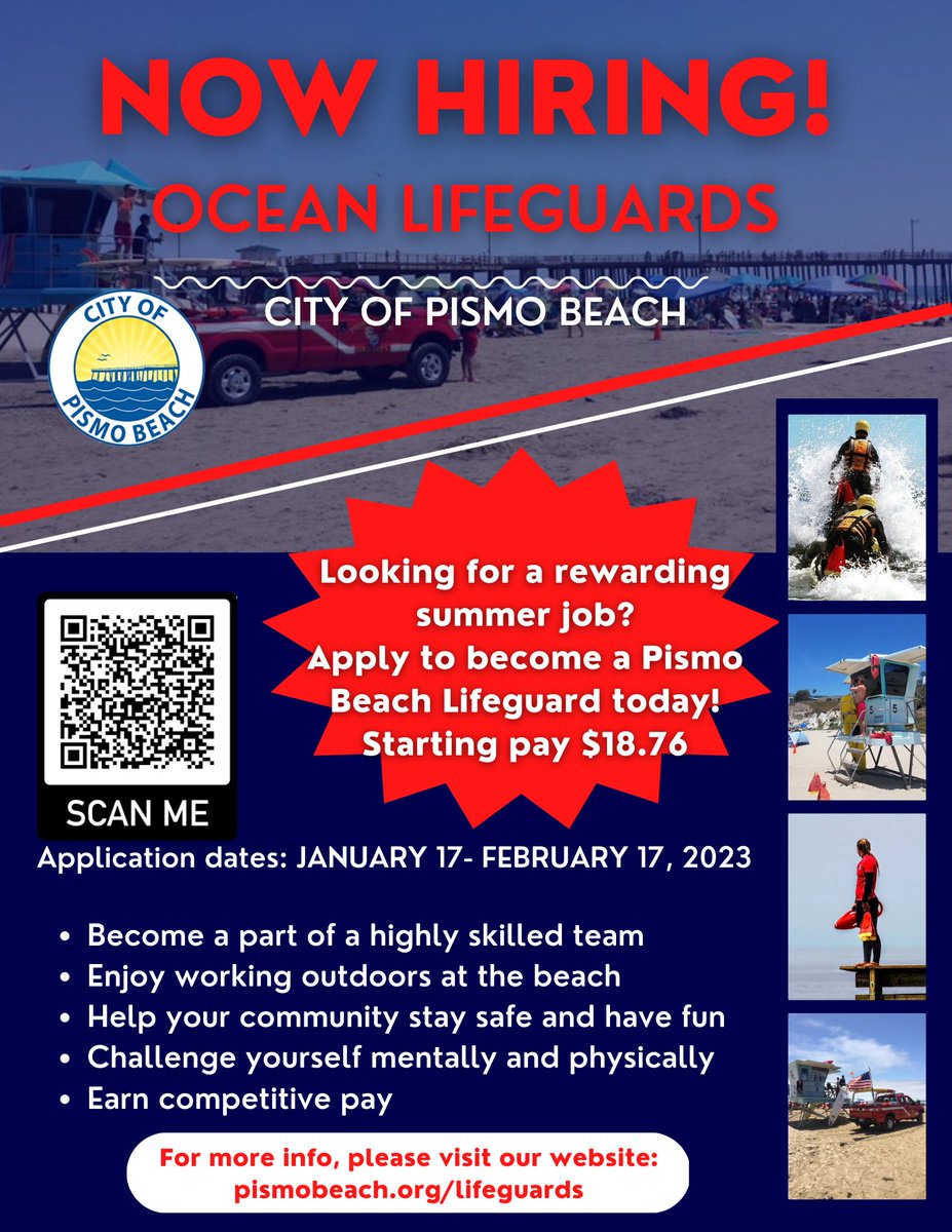 The City of Pismo Beach is hiring for seasonal lifeguards! Apply today and join the Pismo Beach Team!