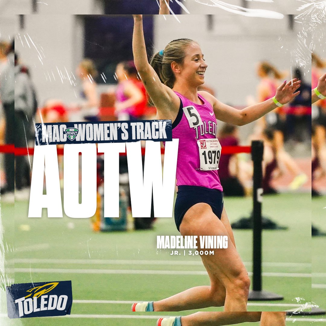 Another round of applause for <a href="/vining_maddie/">Madeline Vining</a> , who picks up her first <a href="/MACSports/">MACtion</a> 𝙒𝙤𝙢𝙚𝙣'𝙨 𝙏𝙧𝙖𝙘𝙠 𝘼𝙩𝙝𝙡𝙚𝙩𝙚 𝙤𝙛 𝙩𝙝𝙚 𝙒𝙚𝙚𝙠 &amp; 𝙁𝙚𝙢𝙖𝙡𝙚 𝙎𝙘𝙝𝙤𝙡𝙖𝙧- 𝘼𝙩𝙝𝙡𝙚𝙩𝙚 𝙤𝙛 𝙩𝙝𝙚 𝙒𝙚𝙚𝙠 honors!!! 👏🚀

#GoRockets #TeamToledo