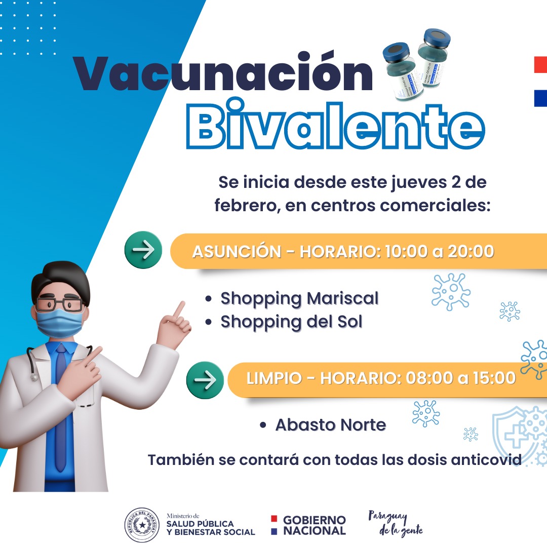Desde este jueves 2 de febrero, vacunación contra #COVID19 

🔸 Vacunación bivalente, 18 años en adelante
🔸 También se contará con todas las dosis anticovid

📍 Otros centros vacunatorios en vacunate.gov.py