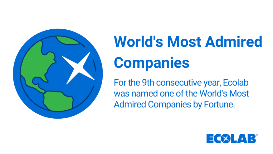 We’ve been recognized as one of @FortuneMagazine World’s Most Admired Companies for the ninth consecutive year. We’re proud of the #ECLteam and their commitment to supporting our customers and communities to make the world cleaner, safer and healthier. bit.ly/3Rncile