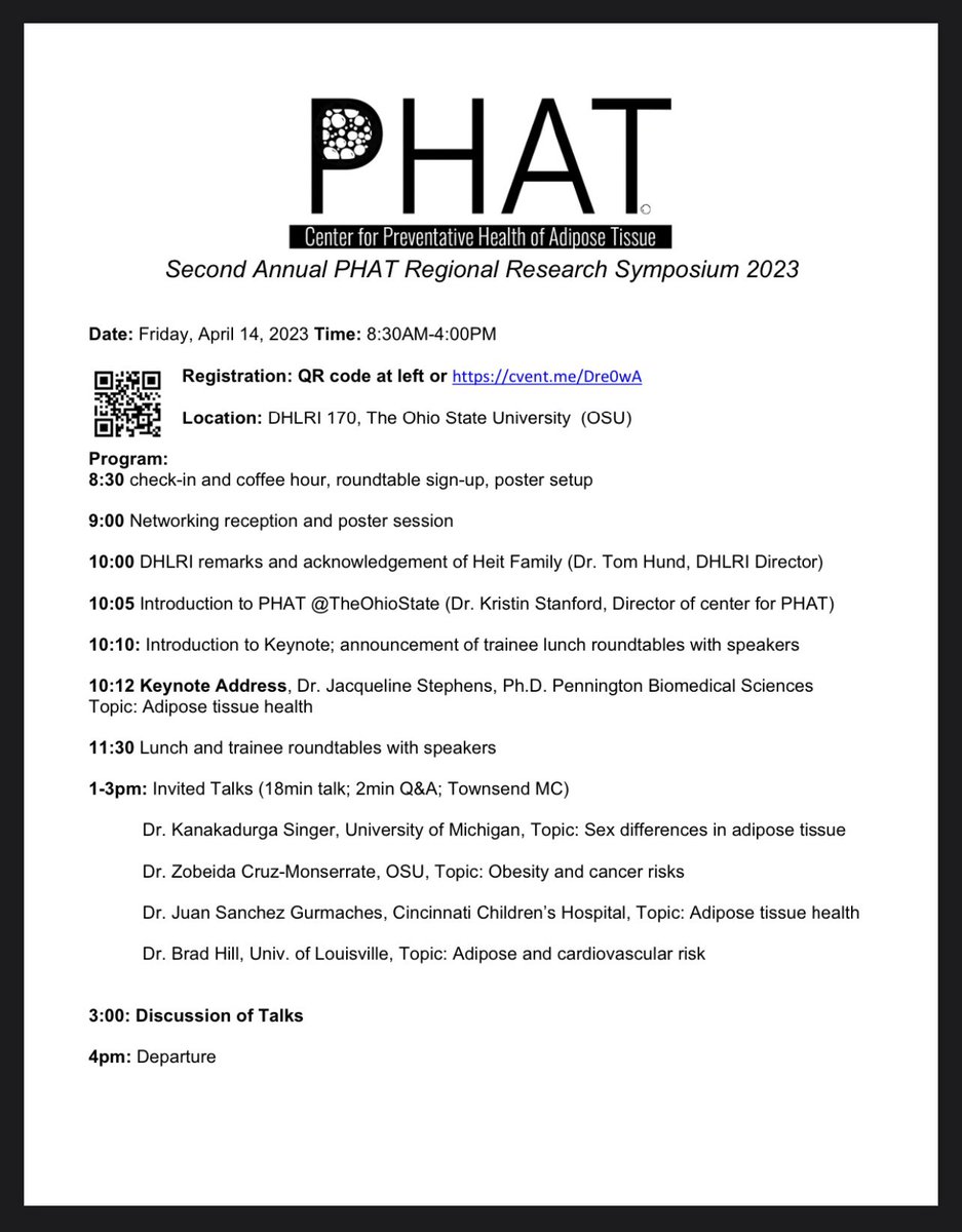 Join us!! Preventative Heath of Adipose &amp; NeuroMetabolism symposia at Ohio State Apr 14 and 15.  Great speakers, trainee posters, networking.  Flyers here, &amp; link to register. Pls spread the word!! Co-hosted w <a href="/RussellLonser/">Russell Lonser, M.D.</a> &amp; <a href="/kistanford6/">Kristin Stanford</a> keynotes <a href="/JohnSpeakman4/">John Speakman</a> <a href="/jackie_science/">Jackie Stephens</a>