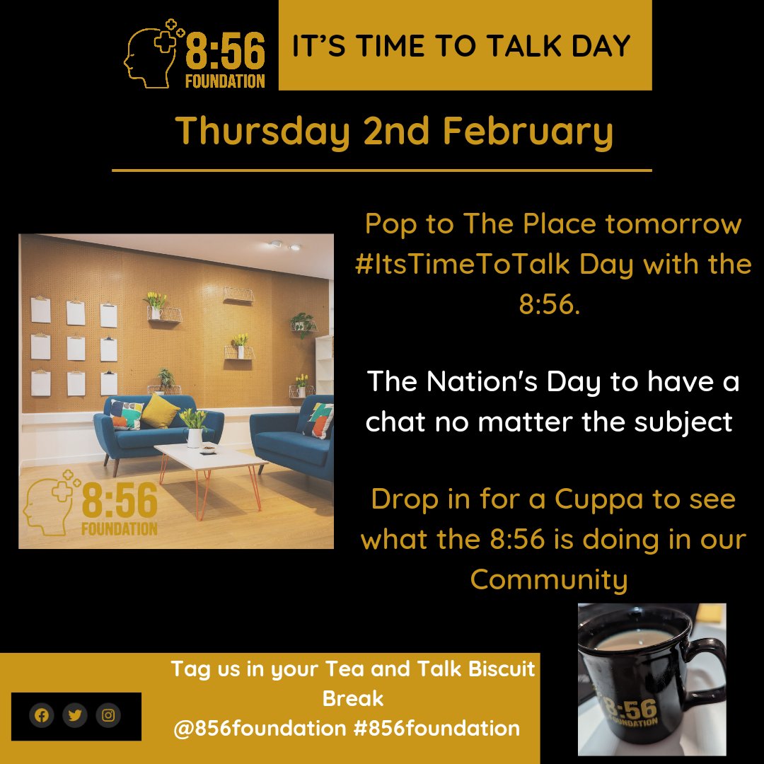 Tomorrow is #ItsTimeToTalkDay...

Yes, we want to encourage Men to talk about their Mental Health but the day is much more though, it really is just about getting together for a chat, it can be about absolutely anything

#MakeASpace, get a brew, sit down & have a good old natter