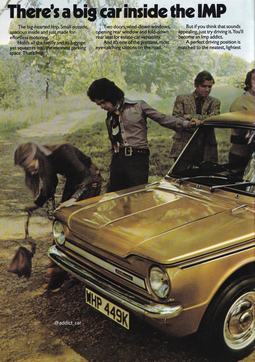 addict_car's tweet image. The Hillman Imp was almost a decade old at the time of this Chrysler UK brochure, which was keen to highlight the roominess of what it called 'just about the nippiest, zippiest car on the road today'. The 'luxury' Super Imp is shown attracting a crowd. #carbrochure #Hillman