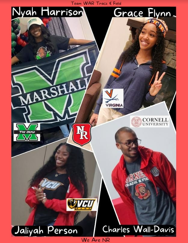 Congratulations to Nyah Harrison (Marshall), Grace Flynn (University of Virginia), Jaliyah Person (Virginia Commonwealth) and Charles Wall-Davis (Cornell University) on their college signings. All athletes will participate in track &amp; field at the collegiate level.  #WarriorStrong
