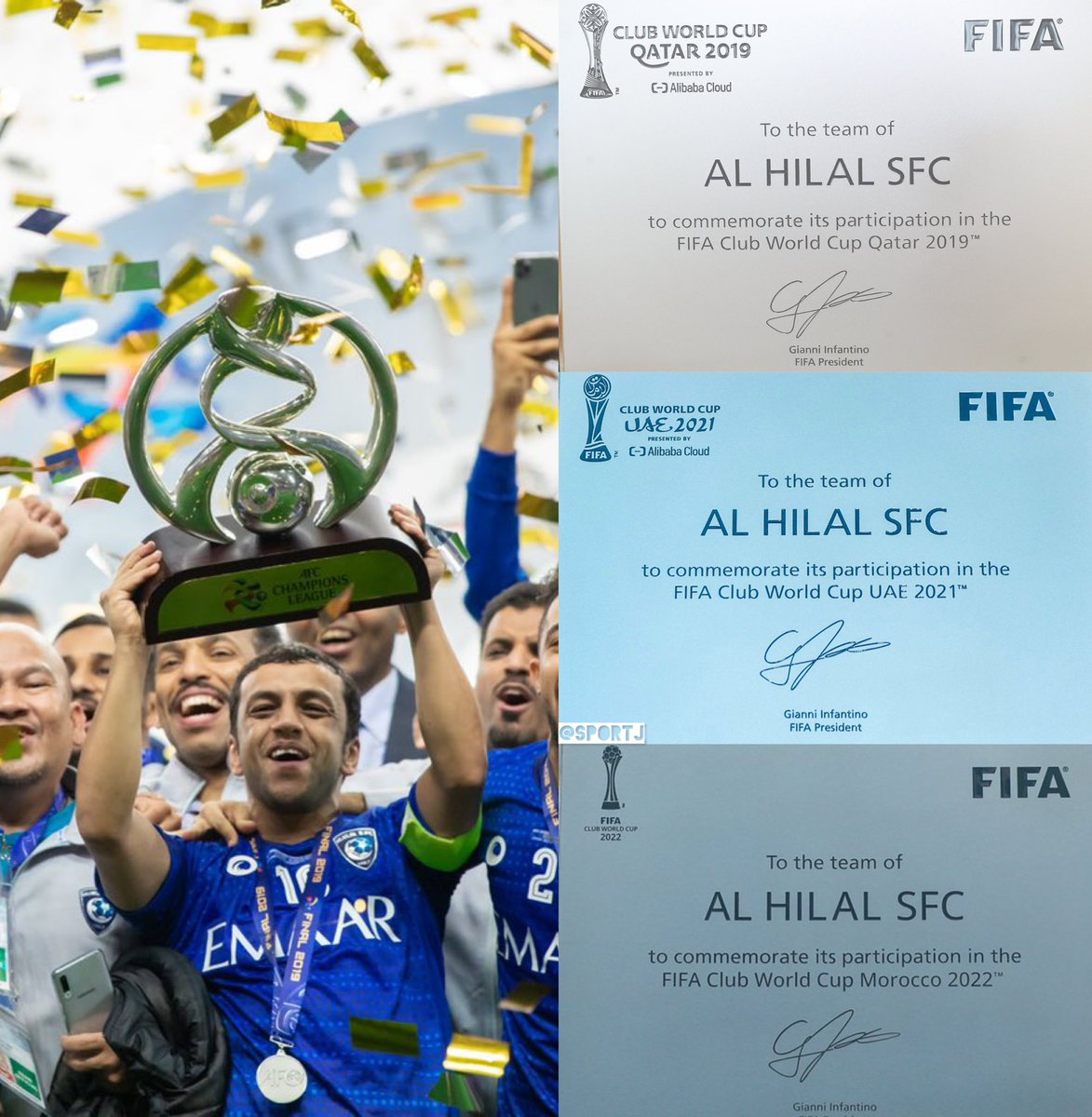 🇸🇦 تاريخي وللتاريخ !

هُنا FIFA يُسلم نادي #الهلال ثالث شهادة مشاركة ببطولة كأس العالم للأندية 

🔹 شهادة لـ كأس العالم للأندية 2019
🔹 شهادة لـ كأس العالم للأندية 2021
🔹 شهادة لـ كأس العالم للأندية 2022

🔝أكثر نادي آسيوي يشارك بالمونديال
🔝 اول نادي آسيوي يشارك مرتين متتالية