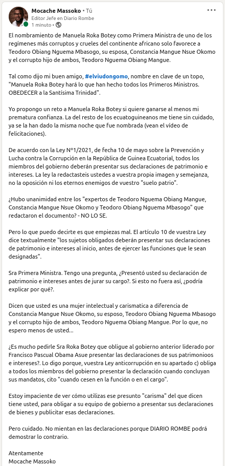 MocacheMassoko's tweet photo. Estimada Primera Ministra del régimen de Teodoro #Obiang #Nguema #Mbasogo https://t.co/k3pRCpYNpO