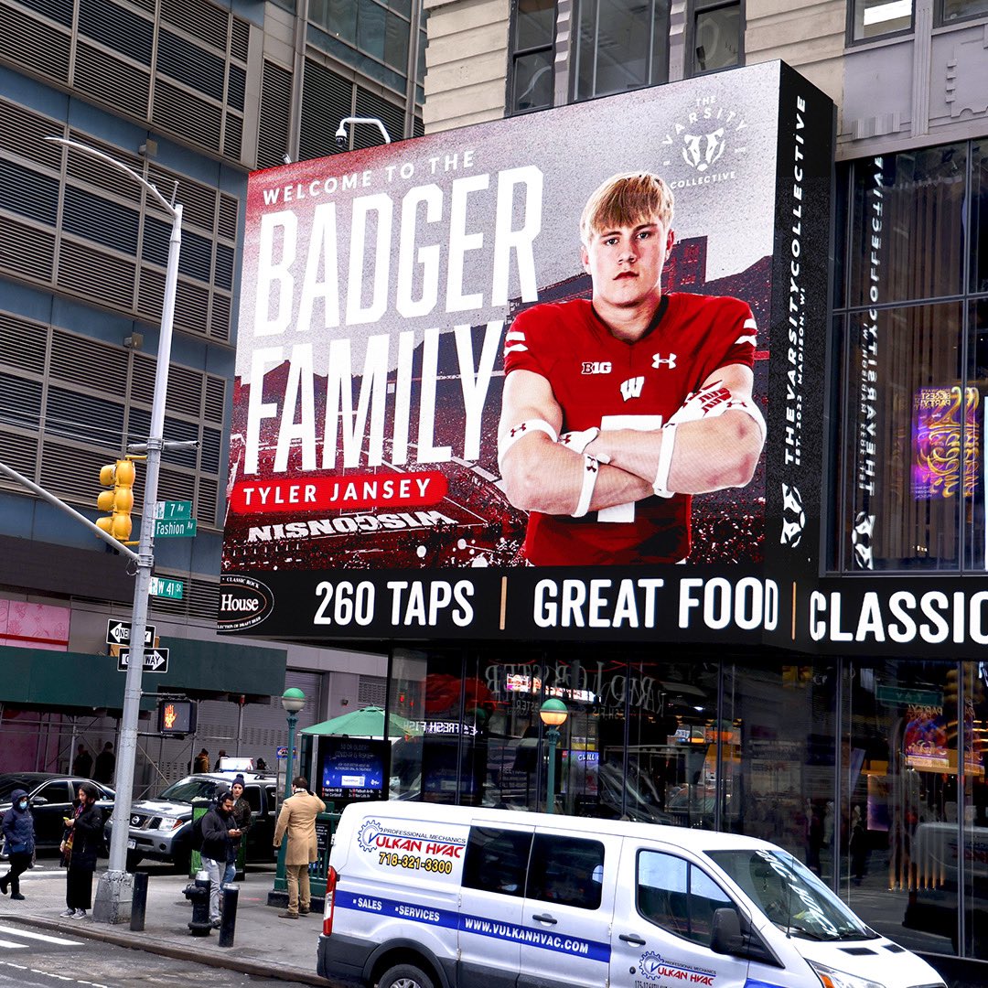 Tyler Jansey (@tylerjansey) on Twitter photo Badgers taking over NYC! Check out my recruiting class on a billboard in Times Square. Thanks for the support <a href="/VarsityCltv/">The Varsity Collective</a>. #OnWisconsin #NSD2023 #TVCCF 🔴⚪️ Badgers taking over NYC! Check out my recruiting class on a billboard in Times Square. Thanks for the support <a href="/VarsityCltv/">The Varsity Collective</a>. #OnWisconsin #NSD2023 #TVCCF 🔴⚪️