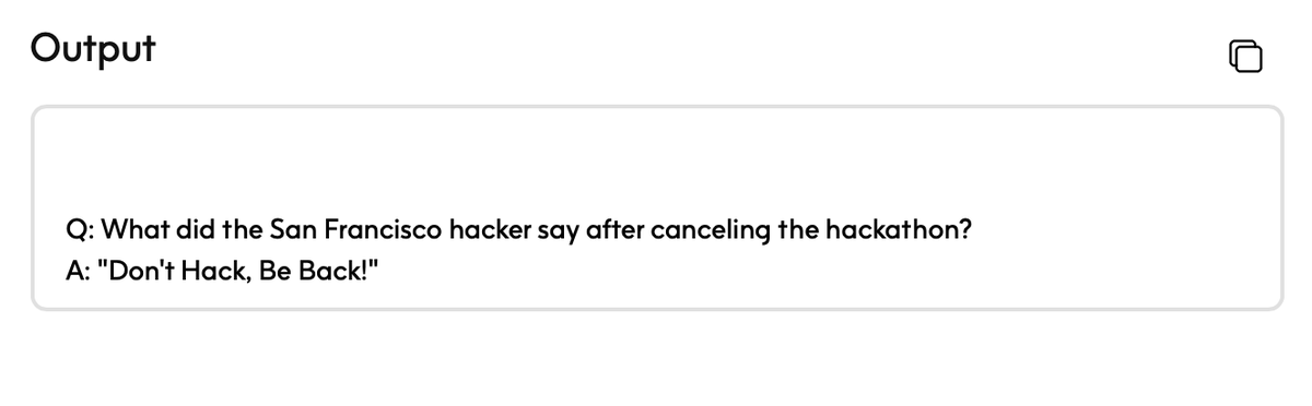 hargup13's tweet photo. We asked Felvin (https://t.co/xlatsXRwtE) to joke about SF hackathons, and this is what it came up with:

Q: What did the San Francisco hacker say after canceling the hackathon?
A: "Don't Hack, Be Back!"

#SFisBack
Thank you @anywayrohu @nileshrathoree @kiptowallet for the prompt https://t.co/AAu8BlNU5G