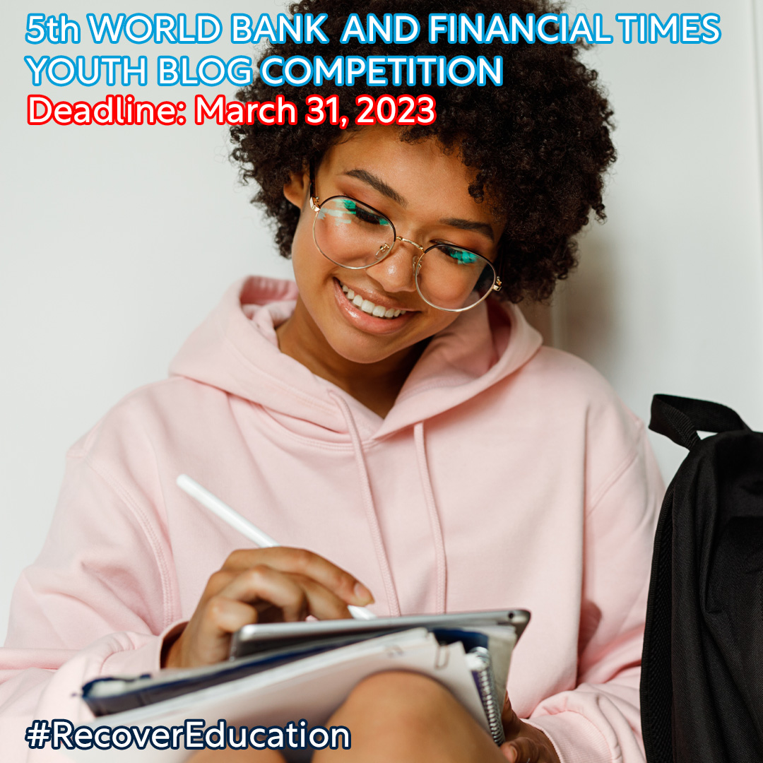 On your mark, get set, to your computers! Submit your blog post to our 2023 <a href="/WorldBank/">WorldBank</a> &amp; @ft Youth Blog Competition!  We want to hear how your country’s #education system is recovering &amp; what more can it do to prepare young ppl 4 the jobs of the future

 wrld.bg/X90t50MHfkM