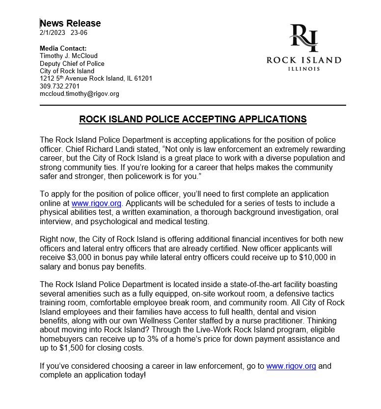 RockIslandPD's tweet photo. #RIPD Accepting Applications https://t.co/8lubY0XtWm