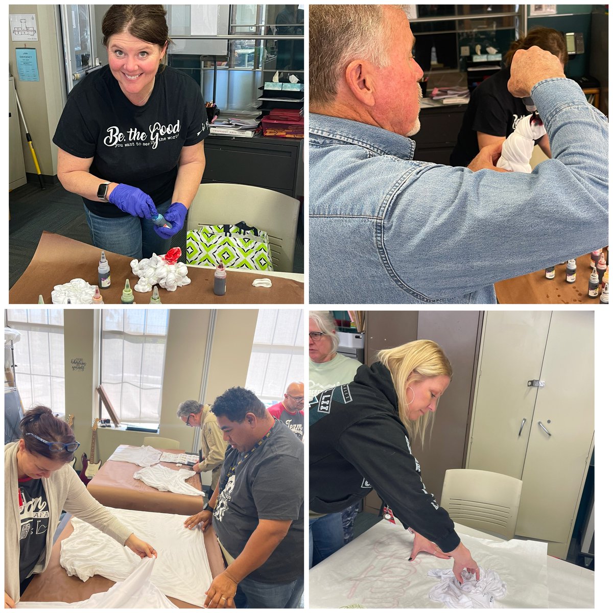 PeoriaFlexAcad's tweet photo. PFA Staff working on their tie-die shirts to help promote the yearbook club fundraiser for Unity Day! #BetheGood #BePFA https://t.co/nWyXEUbzkq