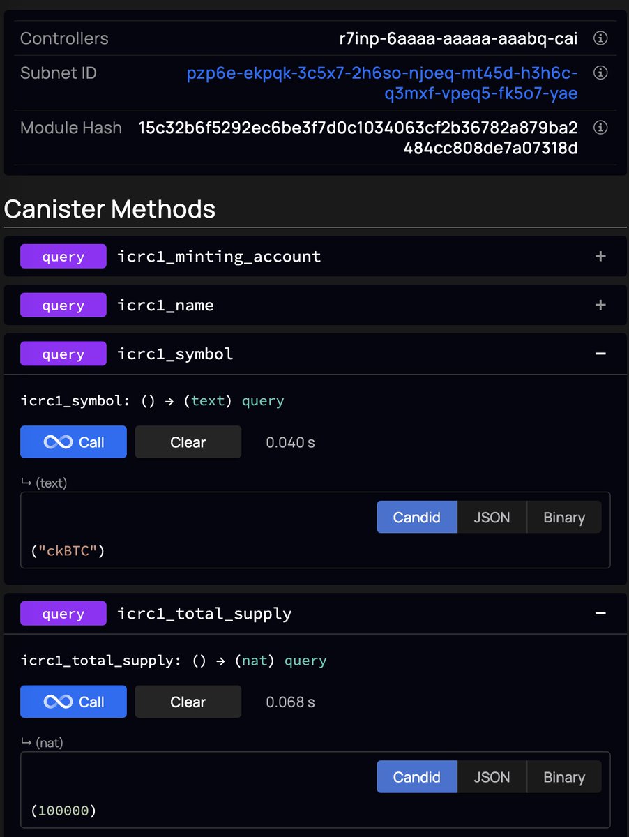 manudrijvers's tweet image. The #ckBTC canisters are now installed on #ICP, and the first ckBTC has been minted after depositing $BTC! Find the ledger here dashboard.internetcomputer.org/canister/mxzaz…. Note that converting BTC into ckBTC is still restricted for now.
