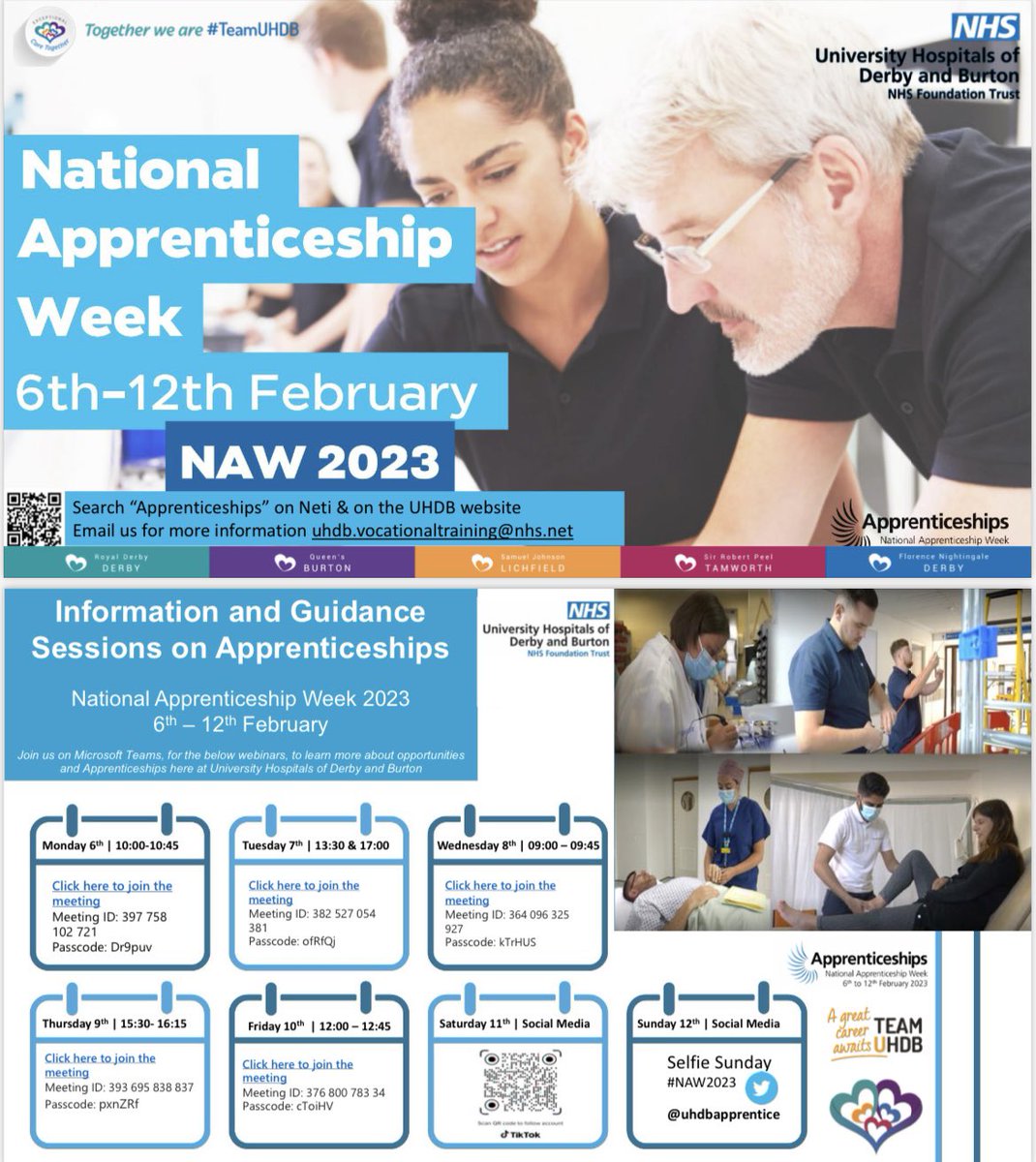UHDBApprentice's tweet photo. It is National Apprenticeship Week next week.  We will be running webinars everyday, please see details below. Fantastic opportunity to find out more about apprenticeships here at UHDB #NAW2023 #UHDBTrust #nhs #apprenticeships https://t.co/DUGWyURsMZ