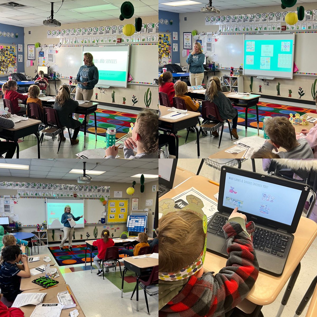 MsWright_2nd's tweet photo. Mrs. Finke, our librarian, came in and helped us with our Good &amp; Services research project! Thank you @JCWERead for helping us come up with creative ideas 💡😊 https://t.co/9oqmOr6xxc