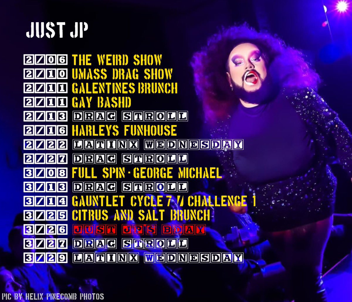 dragqueenjp's tweet image. February/March Schedule! Excited to be doing so many cool things in the upcoming weeks. In-between all of this there’s rehearsals for The Devil Wears Drag, photo shoots and a private event, plus whatever else life throws my way! #justjp #bookedandblessed #drag