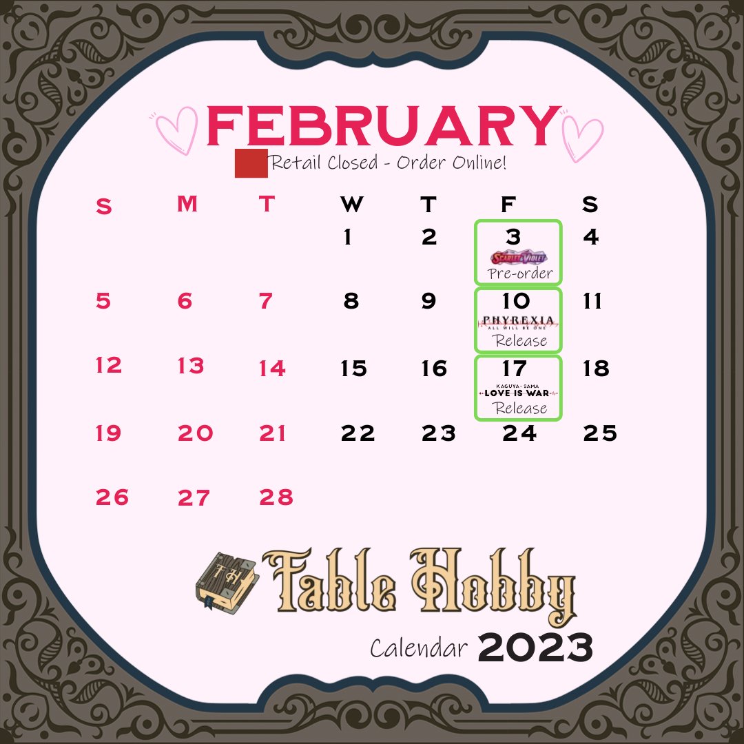 FableHobby's tweet image. It is cold outside but #February is coming to warm us up, not only because it is the month to show your love to your #Valentine’s but also we have some hot releases coming soon! 🔥

Check this month's schedule and don't miss any release! 👇

#Pokémon #MTG