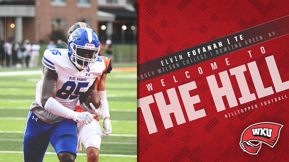 WKUFootball's tweet photo. 𝐖𝐞𝐥𝐜𝐨𝐦𝐞 𝐭𝐨 𝐓𝐡𝐞 𝐇𝐢𝐥𝐥!

👤 Elvin Fofanah
📲 @ElvinFofanah 
 🏈 Tight End
🏠 Bowling Green, Ky.
🏫 Lindsey Wilson College

#GoTops https://t.co/QbqbpyYmzh