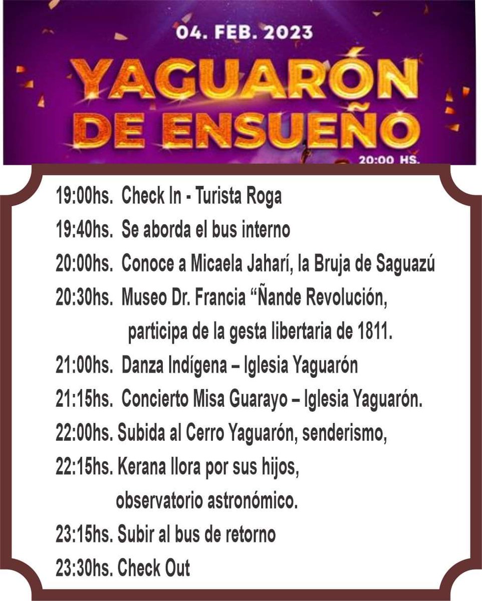 📌🇵🇾🏞💯 YAGUARÓN DE ENSUEÑO

Sumate al Tour nocturno de #Yaguaron, en el departamento de Paraguarí

📆 Sábado 04 de febrero

🕓 19:00

📲 Consultas y reservas al 0974 729 958

#AbrazáParaguay