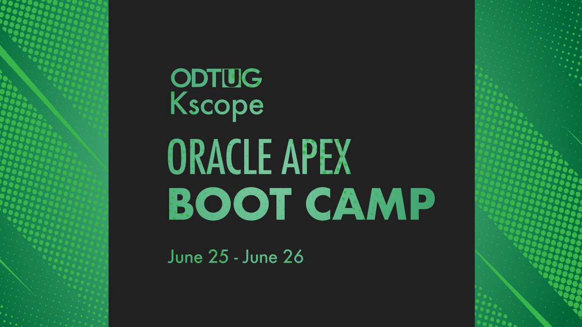 New to Oracle APEX? ODTUG #Kscope23 is offering a 2-day Oracle APEX Boot Camp. Learn the fundamentals of building production-ready Oracle APEX applications, plus gain insights into proper processes and guidelines for APEX development. Learn more:bit.ly/3kZt91A #orclapex