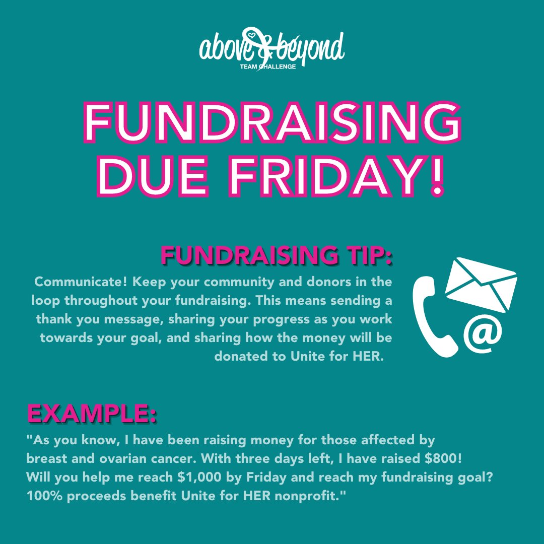 #Fundraising #tip of the day: Communicate! 🙏Always say thank you 🌡Update donors on your progress 🎗Share that the money is benefiting #breastcancer and #ovariancancer patients Funds are due this Friday! Who will be our top teams and win prizes?!