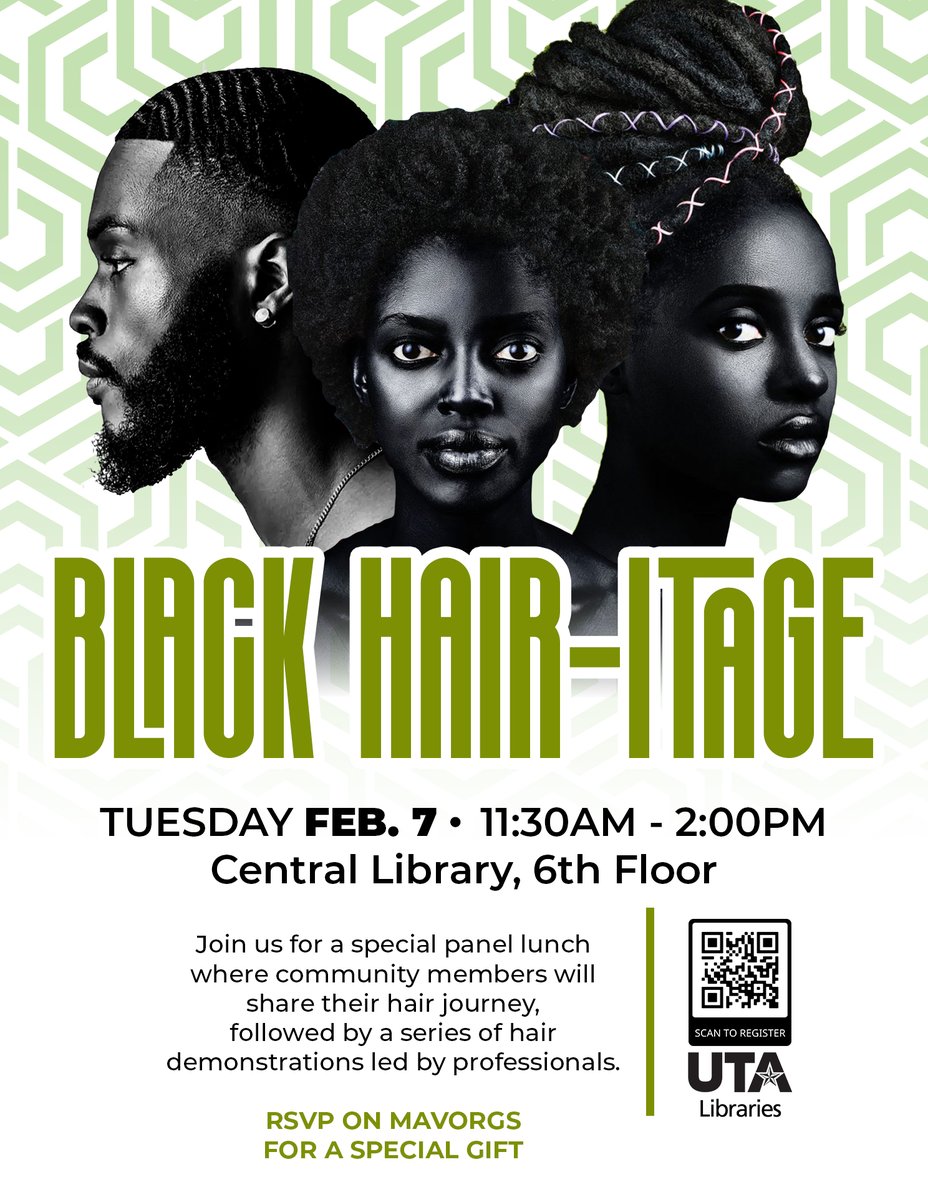 Join us for a special panel lunch where community members will share their hair journey, followed by a series of hair demonstrations led by professionals."

The Black Hair-itage Panel event will run from 11:30 a.m. to 2 p.m. in the sixth-floor Parlor of the UTA Central Library.