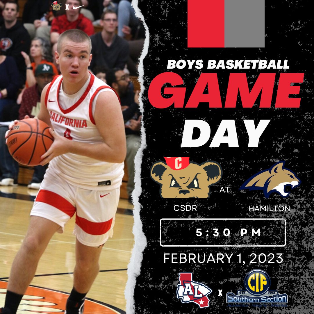 csdrathletics's tweet photo. One more.
π CSDR Boys Basketball vs Hamilton
π Hamilton
β±οΈ 5:30 PM
#CSDRNation | #BoysBasketball | #CIFSS | #ArrowheadLeague https://t.co/EgG7VUPzUH