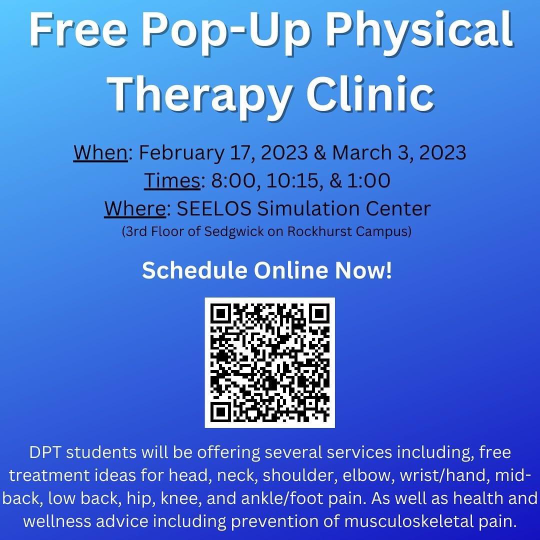 FREE Pop-Up Physical Therapy Clinic!! 

Sign-Up Now! 
Use QR code or Links below!
outlook.office365.com/owa/calendar/R…