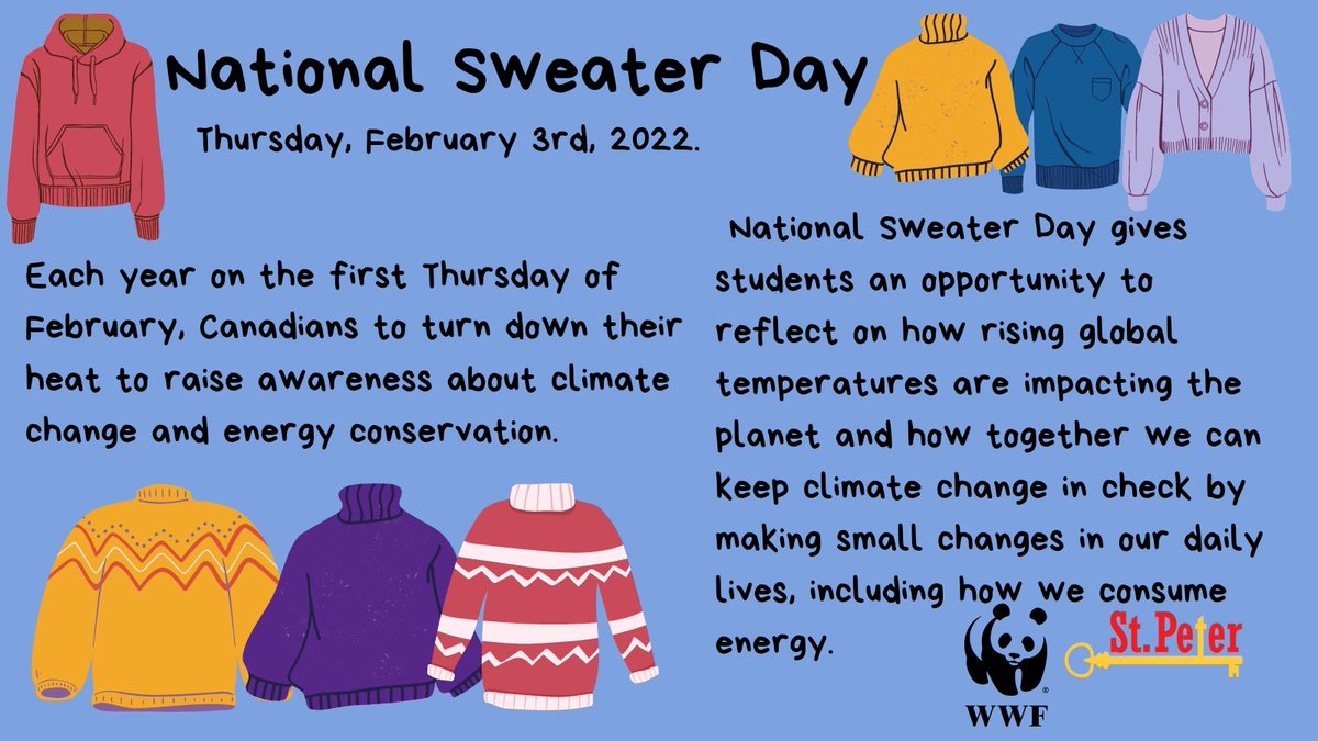 Tomorrow is sweater day <a href="/St_Peter_CES/">St. Peter Trenton</a> staff and students! Turn down the heat and wear a cozy sweater ! Families please participate at your houses and work places ! #sweaterday <a href="/EcoSchoolsCAN/">EcoSchools Canada</a> <a href="/WWF/">WWF</a>