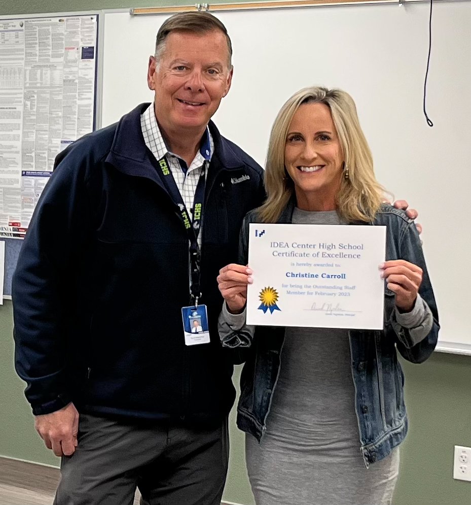 Supt Kastan &amp; I visited <a href="/IDEACenterHS/">IDEA Center HS</a> this AM just in time to see <a href="/davenapoleon/">David Napoleon</a> recognize Christi Carroll as Staff Member of the Month! Co-workers say she “has an amazing ability to connect with students.” We look forward to celebrating Christi &amp; all GUHSD Counselors for #NSCW23!