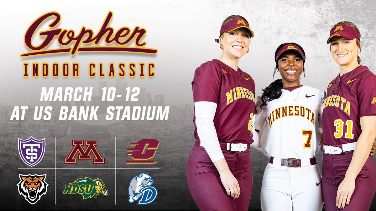 GopherSoftball's tweet photo. ⏳The countdown to the Gopher Indoor Classic has begun... We can't wait to see you all 
@usbankstadium!

All the info you need below👇

🔗 https://t.co/IsZAp0fDdj

#SkiUMah | #Gophers〽️ https://t.co/uSPkxSwOav
