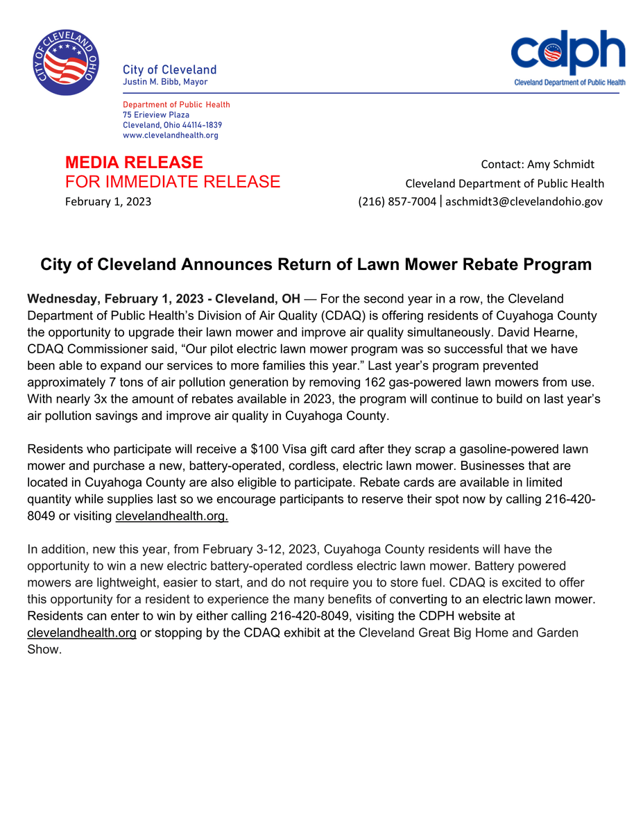 CleDPH's tweet photo. $100 Visa Giftcard Rebate and free Lawn Mower Raffle! See Below to save your air, your planet, and your wallet! #CDPH #CDAQ #CLE https://t.co/ZQbMfemHQP