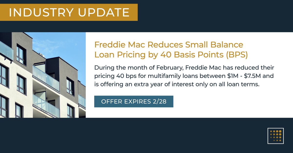 LumentCRE's tweet image. Freddie Mac adjusted its Small Balance Loan pricing and credit terms for the month of February. Pricing has decreased 40 basis points across all loan structures and market tiers. 

Contact our SBL team today!   lument.loans/3XWR3Js

#FreddieMac #SmallBalanceLoan #PricingUpdate