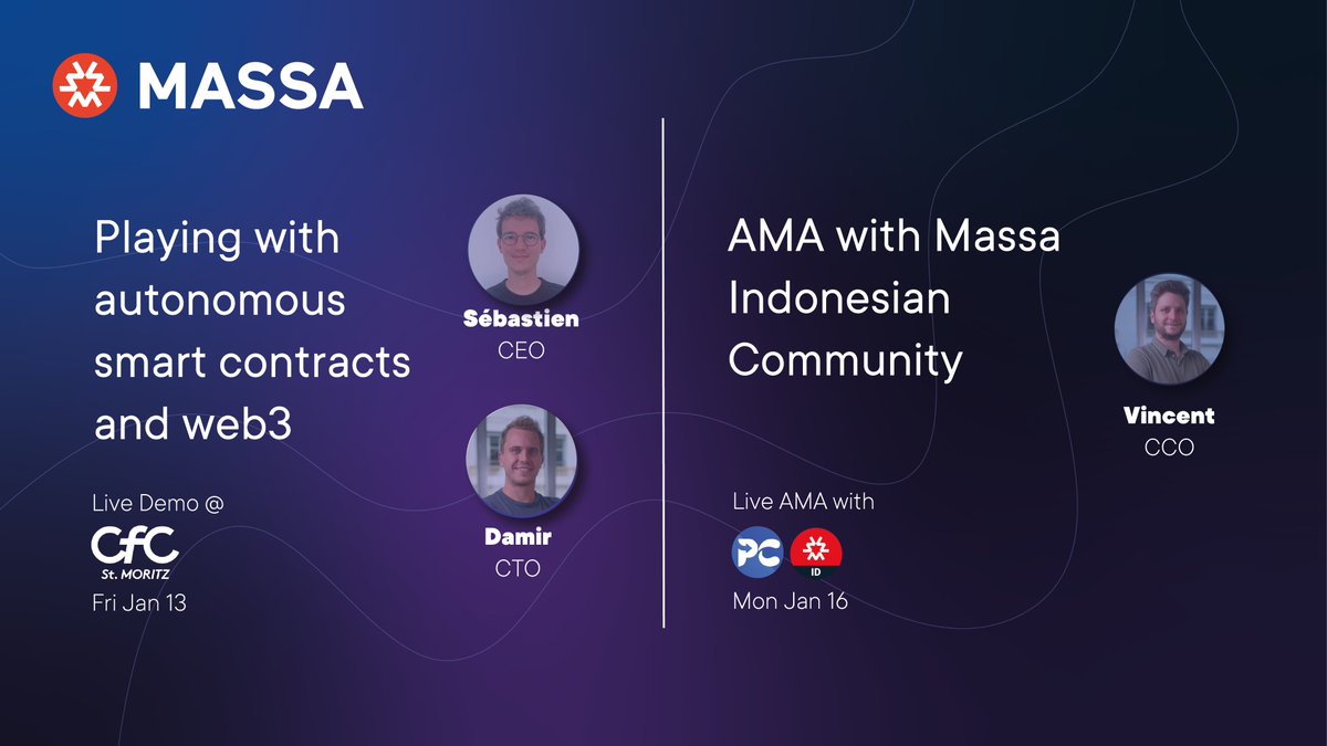 (3/6) 📢 We had some talks &amp; presentations, to tell you more about <a href="/MassaLabs/">Massa Labs</a>.

🇨🇭 <a href="/forestier_seb/">Sébastien Forestier</a> &amp; <a href="/damipator/">Damir Vodenicarevic 🦾</a> went to @CFCstmoritz to present our autonomous smart contracts &amp; Massa Web3
🇮🇩 <a href="/Akash_Mishka/">Akash Mishka 👾 | 🇪🇺 🇺🇦</a> had the opportunity to do an AMA with our Indonesian Community