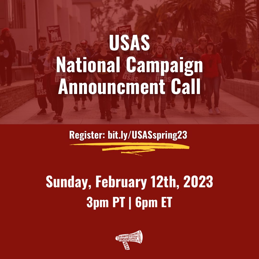 CALLING ALL STUDENTS 🚨 Please join us for a very important and exciting campaign announcement, and other USAS updates. All students are welcome to join, so invite USASers and other students to be a part of the conversation! Register today — bit.ly/USASspring23 See you there!