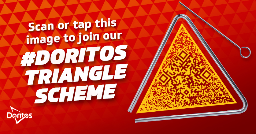 Doritos's tweet photo. Introducing a “scheme” that doesn’t require someone you haven’t talked to in 10 years reaching out to you.

Scan or tap this image to get in on the #DoritosTriangleScheme for the chance to win $25,000!