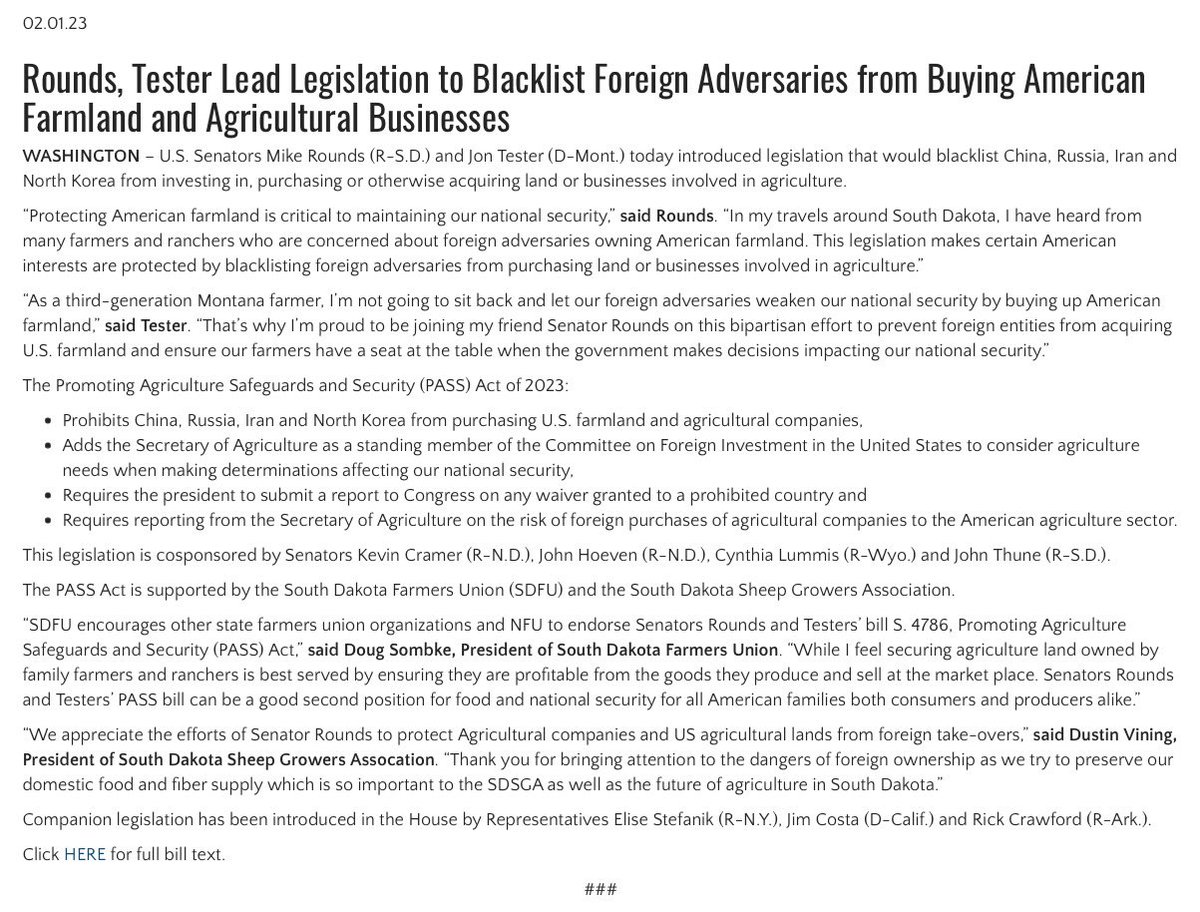 KristiNoem's tweet photo. .@SenatorRounds and bipartisan members of Congress agree with South Dakota that China and evil foreign governments should not own American ag land.

Food security is national security. https://t.co/BURJrU77DI