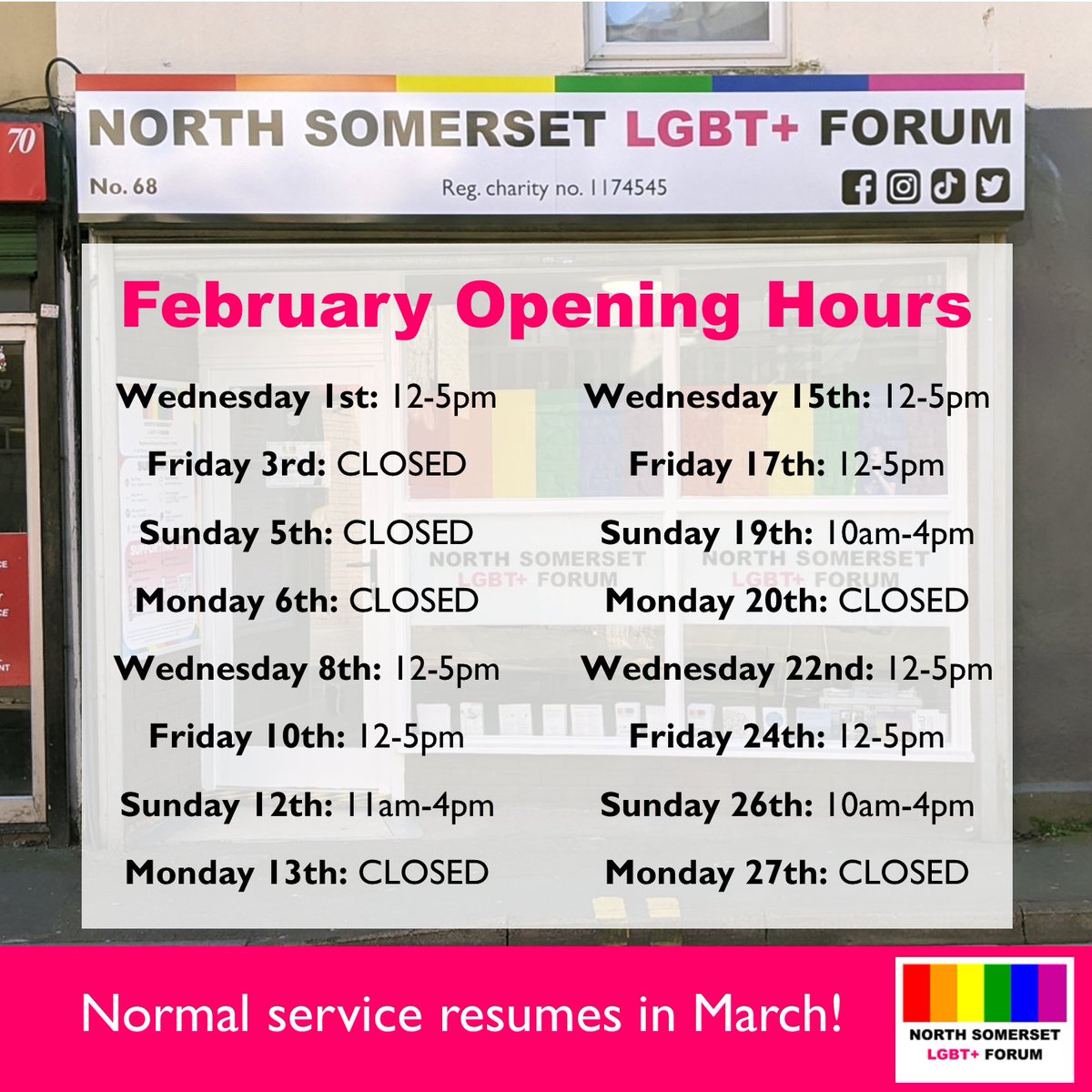Please note, we will be temporarily altering our opening times this month - normal service will resume in March!