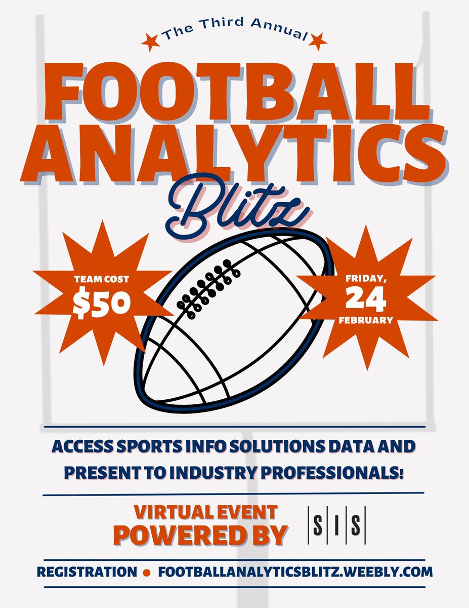 CuseAnalytics's tweet photo. While football season is nearing it’s end, you can keep it going with the 3rd annual Football Analytics Blitz on Feb 24th

Undergrad teams can register today to show off your football skills with some @SportsInfo_SIS data and take the #FAB3 crown! 🏈👑

https://t.co/5iYTyRSjO1 https://t.co/GlUJcDtE1F