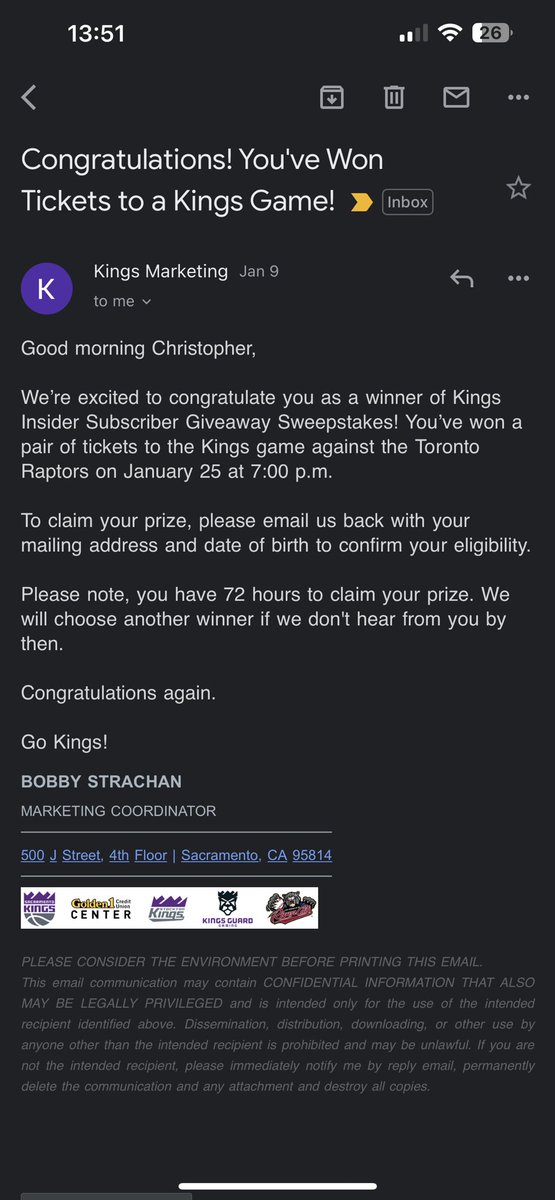 LogicChrissy's tweet photo. @SacramentoKings been busy but I won kings tickets however I never received them. I’ve been emailing kingsmarketing@kings.com but have not even received a response in regards to this. Just wanna see if I can somehow receive tickets to another game at this rate… https://t.co/KXsTrEyvdy